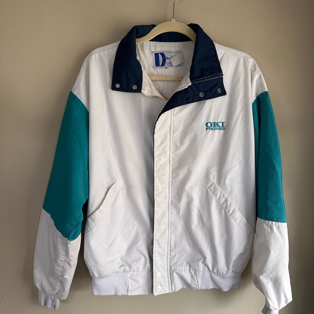 Dunbrooke White and Teal Windbreaker Jacket OKI phones embroidered button snaps